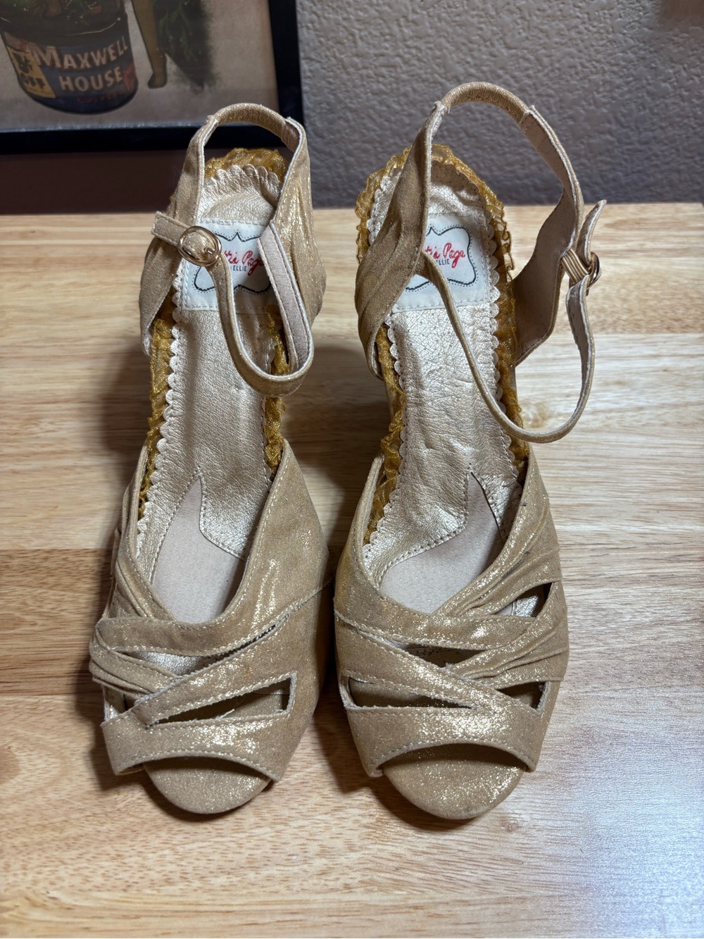 Bettie Page Gold Glitter Peep-Toe Wedge Sandals
